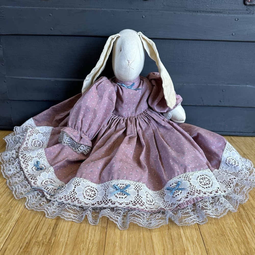 Vintage Handmade Female Bunny Rabbit Pink Cream Blue Ribbon Ruffled Dress 21 In.